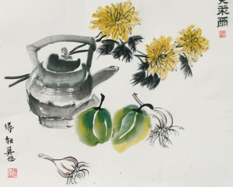 Chrysanthemum and tea by Claire Seaton