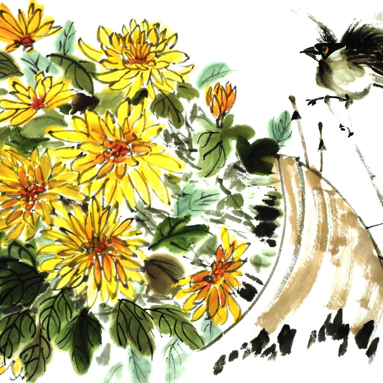 Chrysanthemum and bird by Claire Seaton 2019
