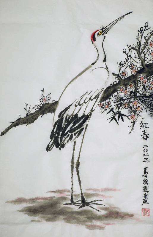 Red Spring - Crane with Plum pine and bamboo - Paul M 2023